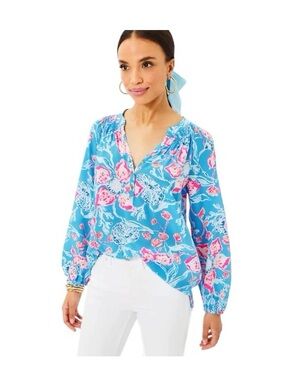 Lilly Pulitzer Elsa Silk Top Multi Bahamian Rhapsody Blue Pink White Blouse M